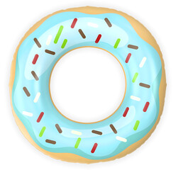 Top view inflatable with shadow of a donut with blue glasses and sprinkles, pool inflatable