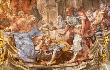 GENOVA, ITALY - MARCH 5, 2023: The fresco Mary Magdalen washes Feet of Jesus with Tears  in the...