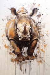 Obraz premium rhino form and spirit through an abstract lens. dynamic and expressive rhino print by using bold brushstrokes, splatters, and drips of paint. rhino raw power and untamed energy