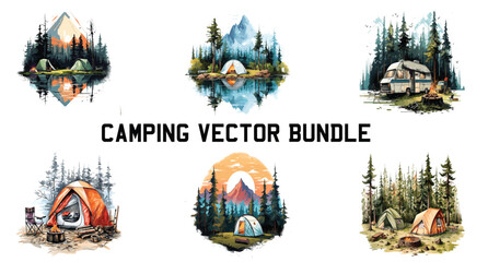 Camping vector bundle, Camping, Hiking, Adventure letterings. Wild animals, fireplace, mountains, tents and other elements. Flat Vector illustration.,