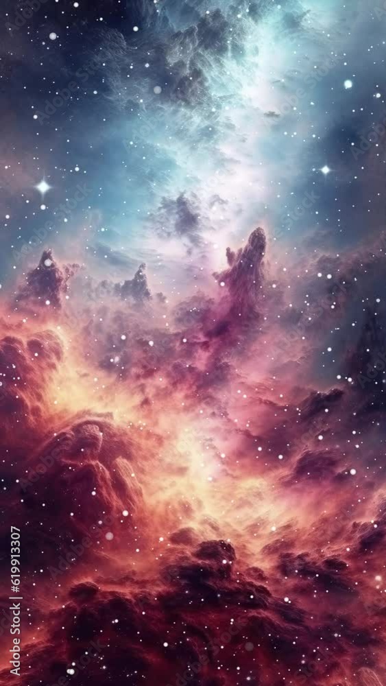 Sticker a slow push into space towards cosmic pillars with stars flowing towards the viewer, created using s