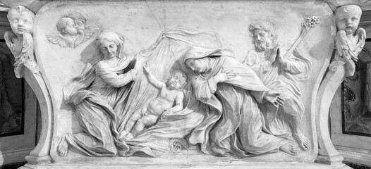 GENOVA, ITALY - MARCH 5, 2023: The marble relief of Nativity with the St. Therese in the church...