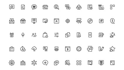 Digital marketing icons set. Content, search, marketing, ecommerce, seo, electronic devices, internet, analysis.Outline icon.Outline icon.
