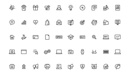 Digital marketing icons set. Content, search, marketing, ecommerce, seo, electronic devices, internet, analysis.Outline icon.Outline icon.