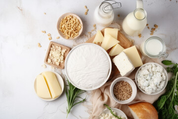 Fototapeta na wymiar Top view photo of dairy products over white wooden background. Symbols of Jewish holiday - Shavuot. Generated using AI tools