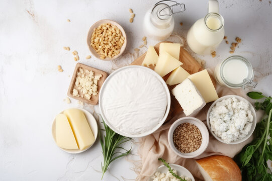 Top view photo of dairy products over white wooden background. Symbols of Jewish holiday - Shavuot. Generated using AI tools