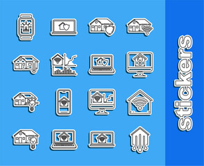 Set line Smart home, with wi-fi, Computer monitor smart house and light bulb, House under protection, temperature, watch alarm and Laptop icon. Vector