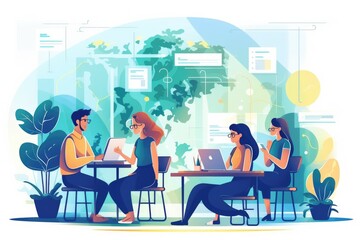 Illustration of diverse group of people collaborating working and planning in a meeting or at school