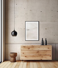 Empty mock up poster frame on concrete wall above wooden cabinet. Rustic style interior design of modern living room in farmhouse. Created with generative AI