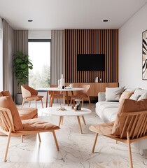 Fototapeta premium White sofa and dining table and chairs against planks paneling wall with tv. Mid-century interior design of modern living room, studio apartment. Created with generative AI