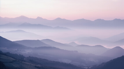 Fototapeta premium Misty mountain ranges, misty, gorgeous, sweet hues like purple and pink. A stunning landscape painting. Created with Generative AI technology.