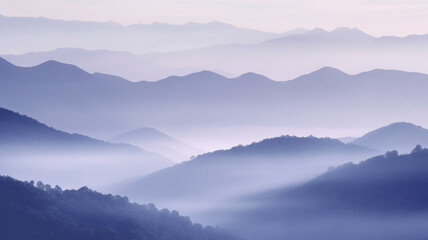 Obraz premium Misty mountain ranges, misty, gorgeous, sweet hues like purple and pink. A stunning landscape painting. Created with Generative AI technology.