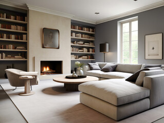 Fototapeta na wymiar Barrel chair and round coffee table near grey corner fabric sofa against wall with fireplace and book shelves. Interior design of modern living room. Created with generative AI
