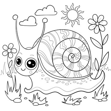 Naklejka Cheerful cartoon snail crawls in the garden on the grass. Black and white linear drawing. For children's design of prints, posters, puzzle stickers and so on. Vector
