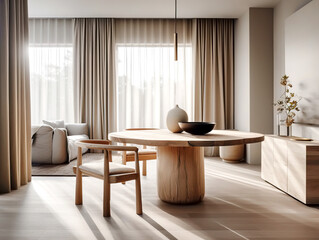 Handmade wooden log furniture, round dining table and chairs. Rustic interior design of modern living room in country house. Created with generative AI