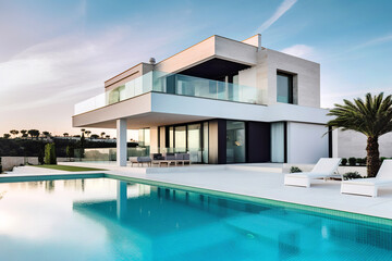 Fototapeta premium Exterior of modern minimalist cubic villa with balcony, terrace and swimming pool. Created with generative Ai