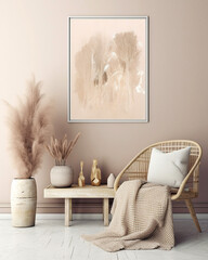 Rattan chair near wooden bench and poster frame on beige wall. Boho interior design of modern living room. Created with generative AI