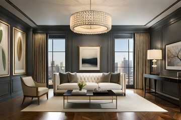 High-end lighting fixtures that create an inviting atmosphere and highlight key areas within the living room. Consider chandeliers, designer floor lamps, and wall sconces to add an elegant touch.