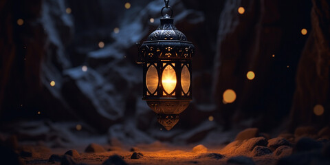 Arabic lantern with ornament floating in a dark cave at night