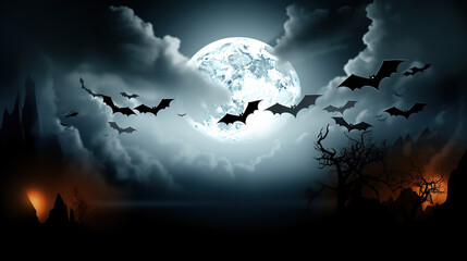 Night of Terror Full Moon, Bats, and Colorful Scary Halloween Illustration in a Horizontal Banner. created with Generative AI