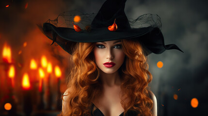 Fototapeta premium Enchanting Spell Halloween Sexy Witch Portrait of Beautiful Young Woman with Long Curly Red Hair and Witches Hat. created with Generative AI