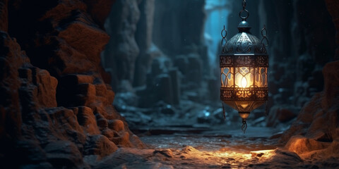 Arabic lantern with ornament floating in a dark cave at night