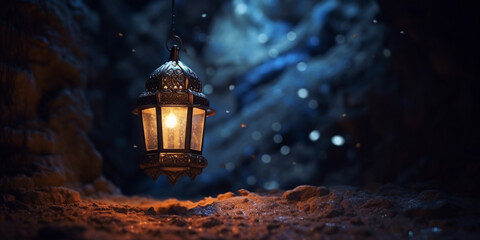 Fototapeta na wymiar Arabic lantern with ornament floating in a dark cave at night