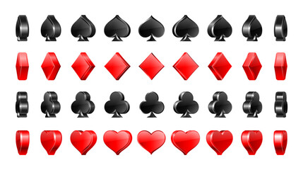 Big Set of suit cards. The suit of playing cards is rotated at different angles. 3d Vector