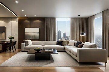 Fototapeta premium Various textures into the living room design to add depth and visual interest. Consider incorporating elements such as plush rugs, embroidered cushions, or textured wall coverings.