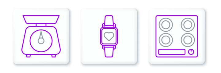 Set line Gas stove, Scales and Smart watch showing heart beat rate icon. Vector