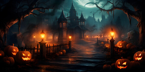 Happy Halloween Illustration background design with glowing pumpkin and dark night landscape of a graveyard under the moonlight, trees, and plakat.