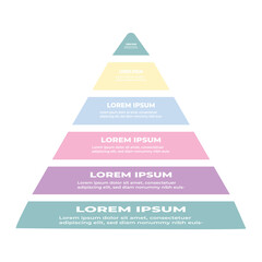 Infographic pyramid template with 6 options, beautiful pastel color chart, green, yellow, blue, pink, purple, vector illustration.