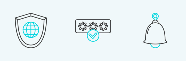 Set line Ringing bell, Shield with world globe and Password protection and safety access icon. Vector