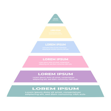 Infographic pyramid template with 6 options, beautiful pastel color chart, green, yellow, blue, pink, purple