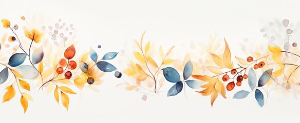 Fototapeta na wymiar abstract Autumn foliage banner background, branch, twigs and berries, yellow blue color, Generative Ai