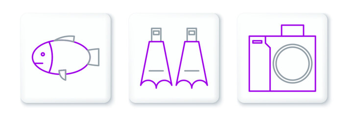 Set line Photo camera for diver, Fish and Rubber flippers swimming icon. Vector © Oksana