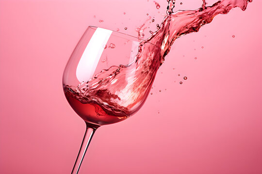 Glass of Rosé wine splashing. Glass of wine flowing. Food photography