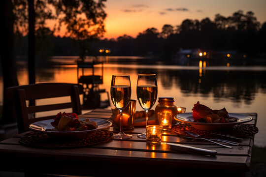 Romantic dinner for two, glasses of wine, candles, sunset and river in the background