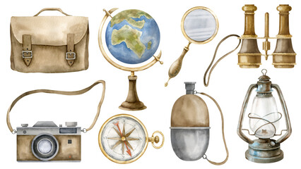 Fototapeta na wymiar Vintage equipment set. Hand drawn watercolor illustration of retro globe, magnifying and lantern on white isolated background. Old instruments for navigation, travel and the science for clipart.