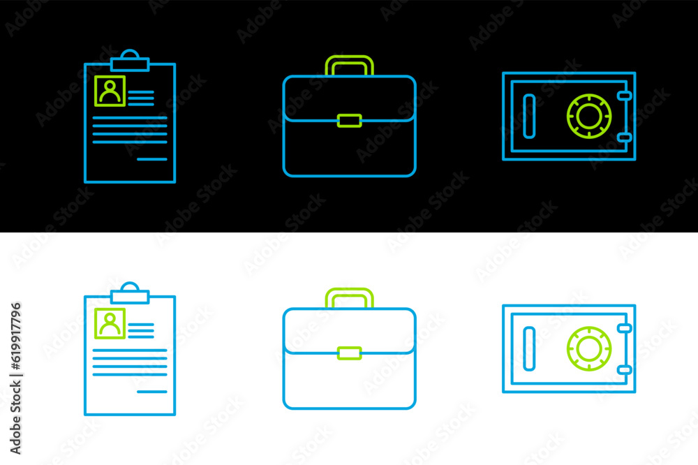 Poster Set line Safe, Clipboard with resume and Briefcase icon. Vector