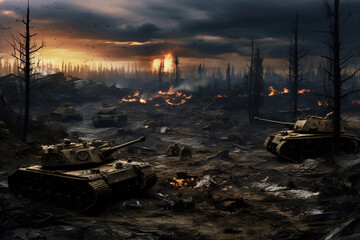 scorched battlefield, littered with destroyed tanks and remnants of war, generative ai 