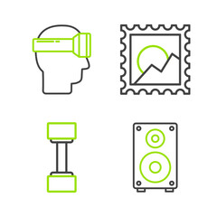 Set line Stereo speaker, Dumbbell, Picture landscape and Virtual reality glasses icon. Vector