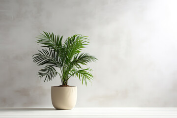 Fototapeta premium Tropical plant with lush leaves on floor near white wall 