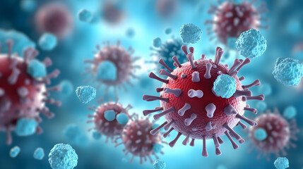 Obraz na płótnie Canvas 3D medical background of antibodies and bacteria, COVID-19, and influenza viruses, Generated AI