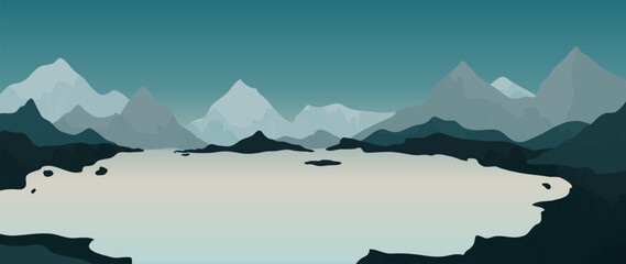 Blue mountains with lake and sky, vector art in a minimalist watercolor style. Luxury wallpaper design with mountains and water,
sketch of a mountain landscape. Design for print, packaging, poster