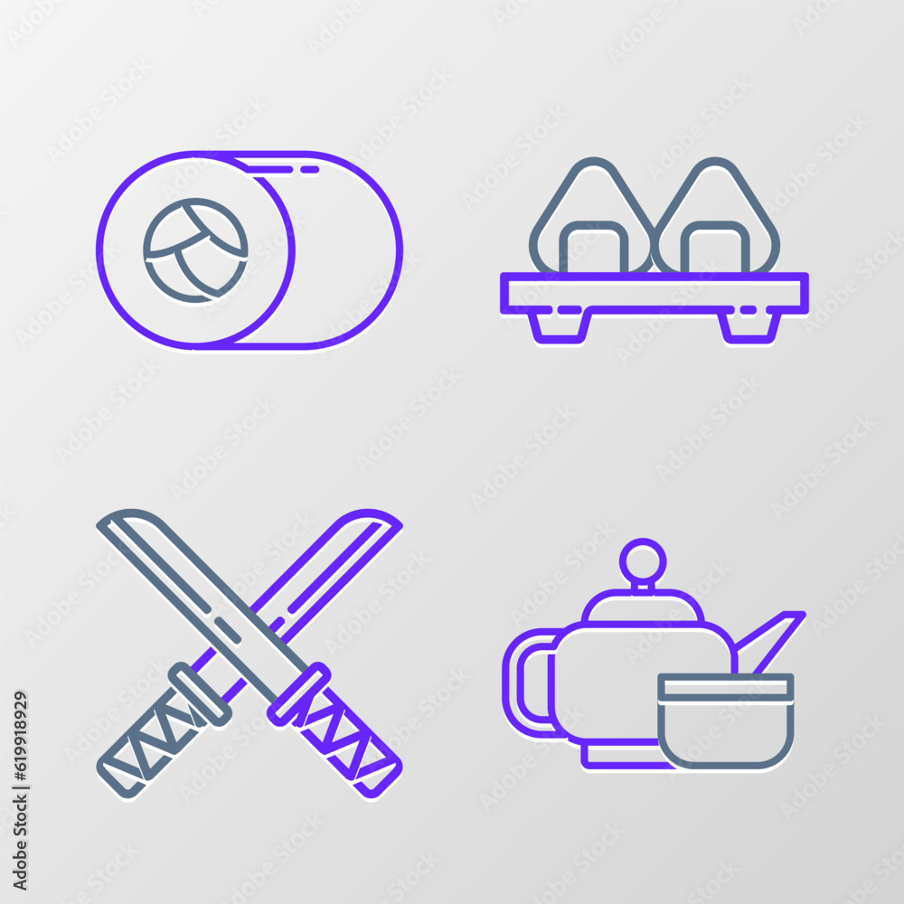 Canvas Prints Set line Japanese tea ceremony, Traditional katana, Sushi cutting board and icon. Vector