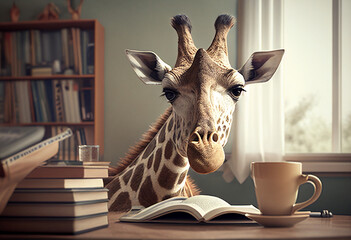 Naklejki  A smart giraffe is sitting in a cafe with a cup of coffee and a lot of books around. AI Generated