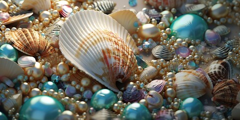 AI Generated. AI Generative. Under water sea ocean seashell jewels. Underwater diving marine nautical background pattern decoration. Graphic Art