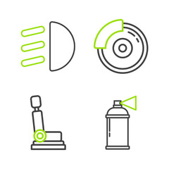 Set line Paint spray can, Car seat, brake disk with caliper and High beam icon. Vector
