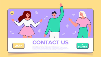 Contact Us character concept. Happy business team on purple background. Customer service concept illustrations. can be used for landing page, ui, web, app intro card, editorial, flyer, and banner